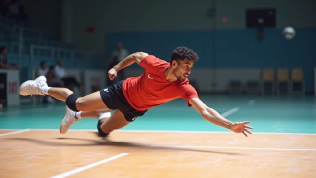 لاعب ليبيرو يقوم بحركة التدحرج الدفاعية على أرض ملعب الكرة الطائرة